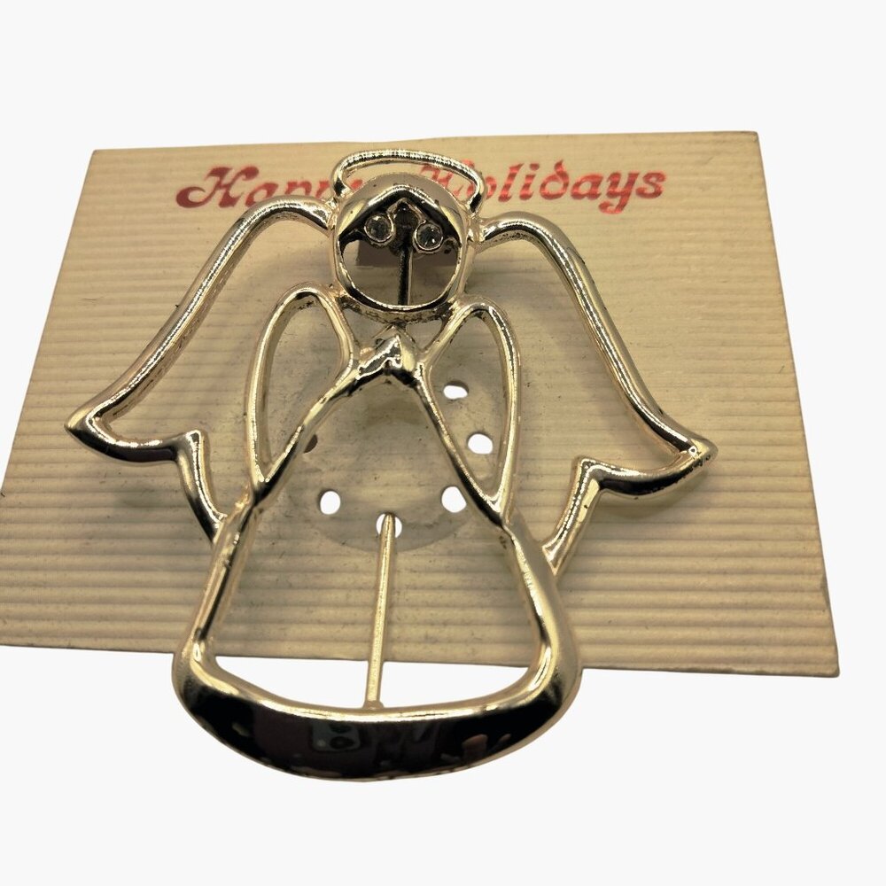 Angel Brooch Christmas PIn Rhinestone Eyes SilverTone Happy Holidays Card